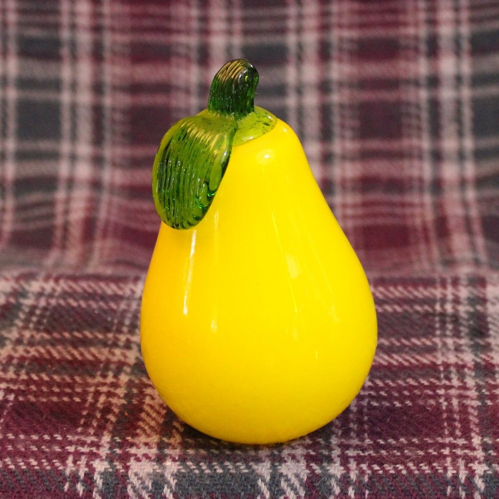 Yellow Art Glass Blown Pear Fruit Paperweight